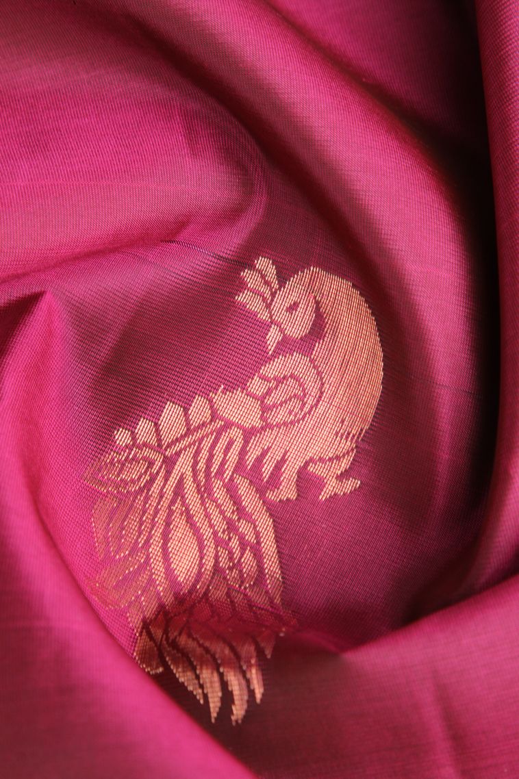 Magenta  Pink Soft Silk Saree with Copper Zari Peacock Motifs view 4