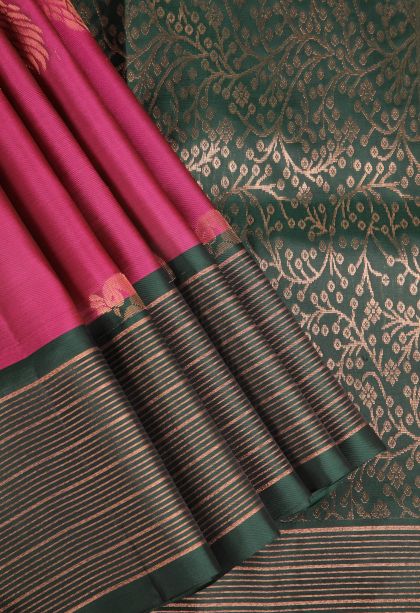 Magenta Pink Soft Silk Saree with Copper Zari Peacock Motifs