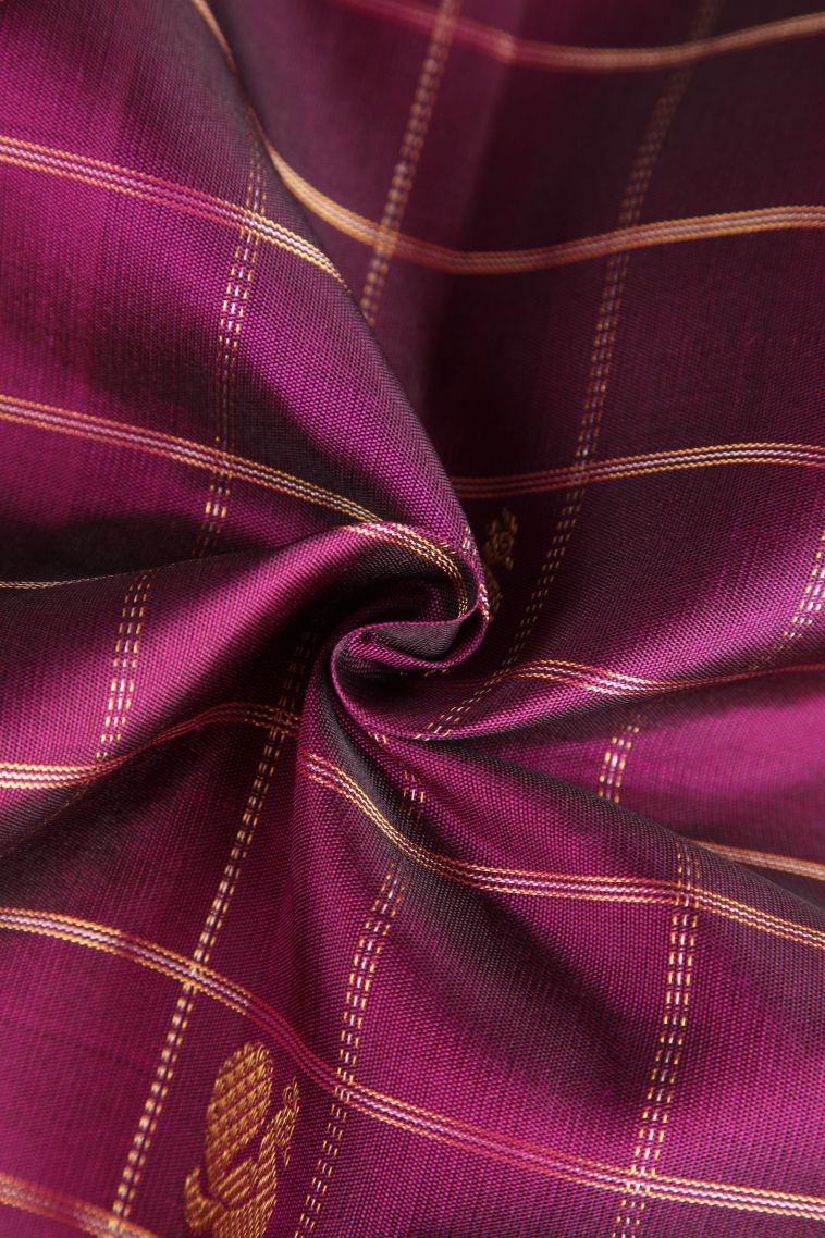 Magenta Purple Kanchipuram Silk Sarees with Gold And Silver Zari Peacock And Rudhractam view 4
