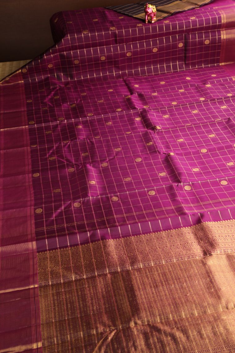 Magenta Purple Kanchipuram Silk Sarees with Gold And Silver Zari Peacock And Rudhractam view 2