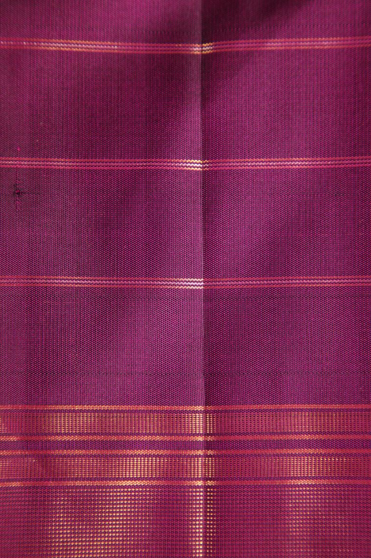 Magenta Purple Kanchipuram Silk Sarees with Gold And Silver Zari Peacock And Rudhractam view 3