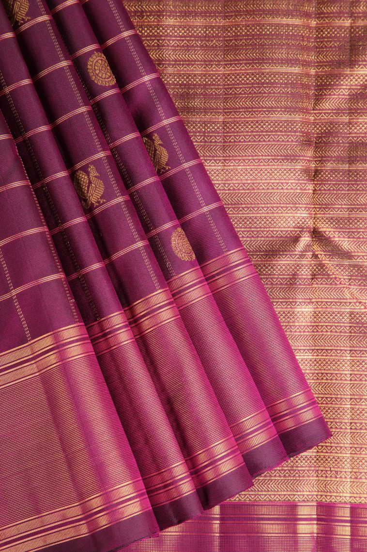 Magenta Purple Kanchipuram Silk Sarees with Gold And Silver Zari Peacock And Rudhractam view 1