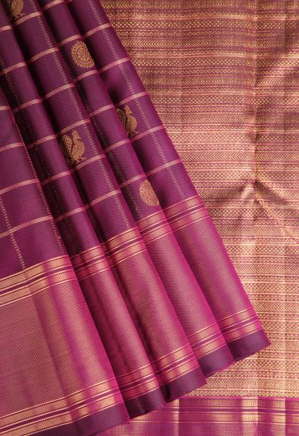 Magenta Purple Kanchipuram Silk Sarees with Gold And Silver Zari Peacock And Rudhractam