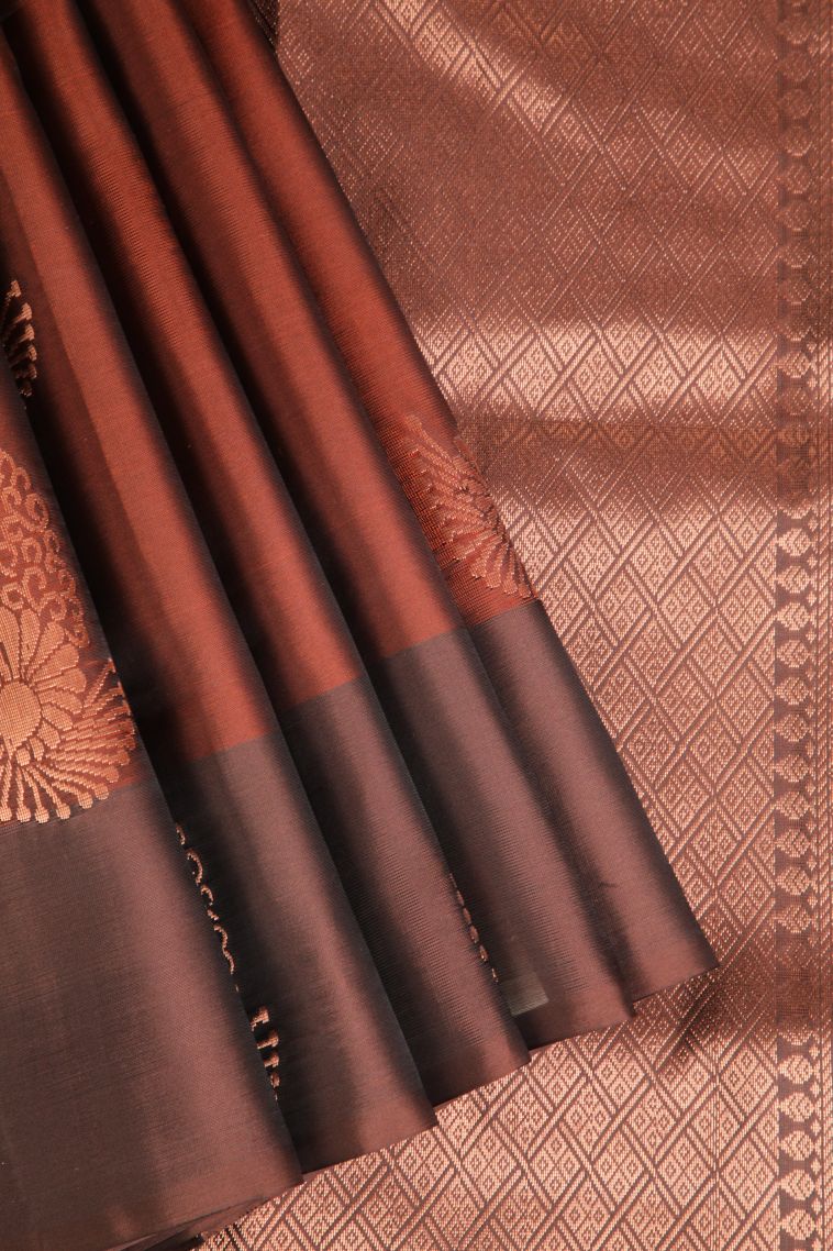 Cinnamon Brown Soft Silk Saree with Copper Zari Floral Patterns view 1