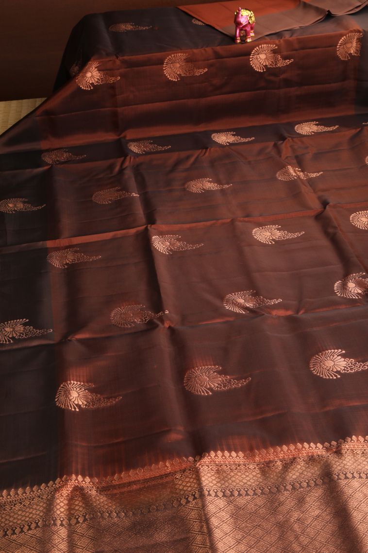 Cinnamon Brown Soft Silk Saree with Copper Zari Floral Patterns view 2