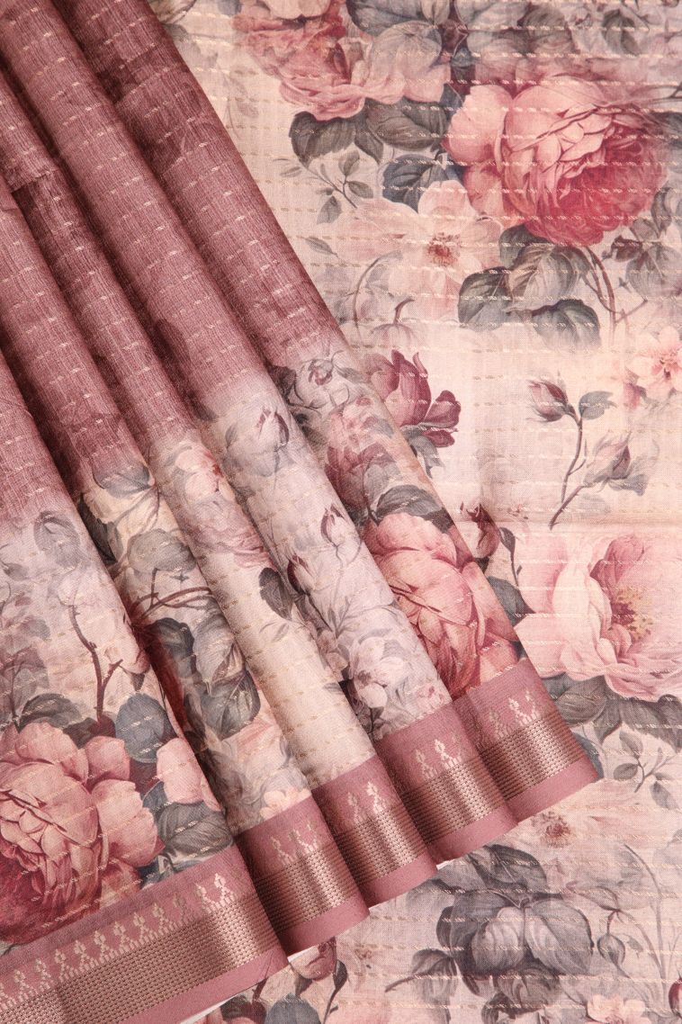 Blush Red Semi Tussar Silk Gold Zari with Floral Patterns view 1