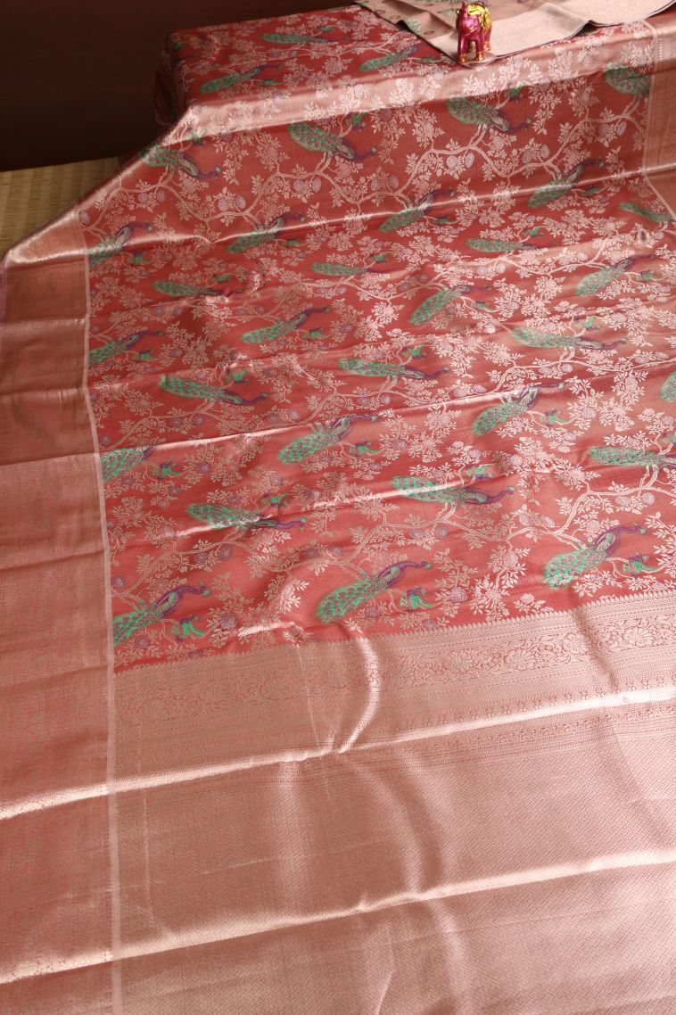 Blush Red Apoorva Silk Sarees with Silver Zari Peacock Motifs view 2
