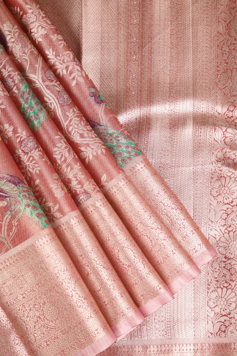 Blush Red Apoorva Silk Sarees with Silver Zari Peacock Motifs view 1