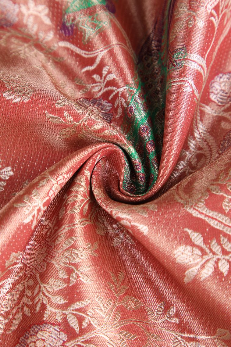 Blush Red Apoorva Silk Sarees with Silver Zari Peacock Motifs view 4