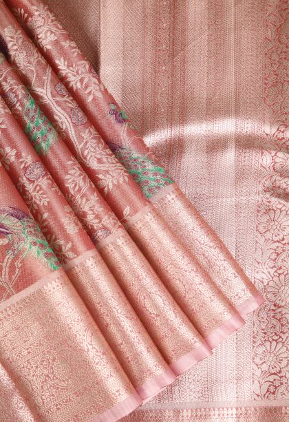 Blush Red Apoorva Silk Sarees with Silver Zari Peacock Motifs