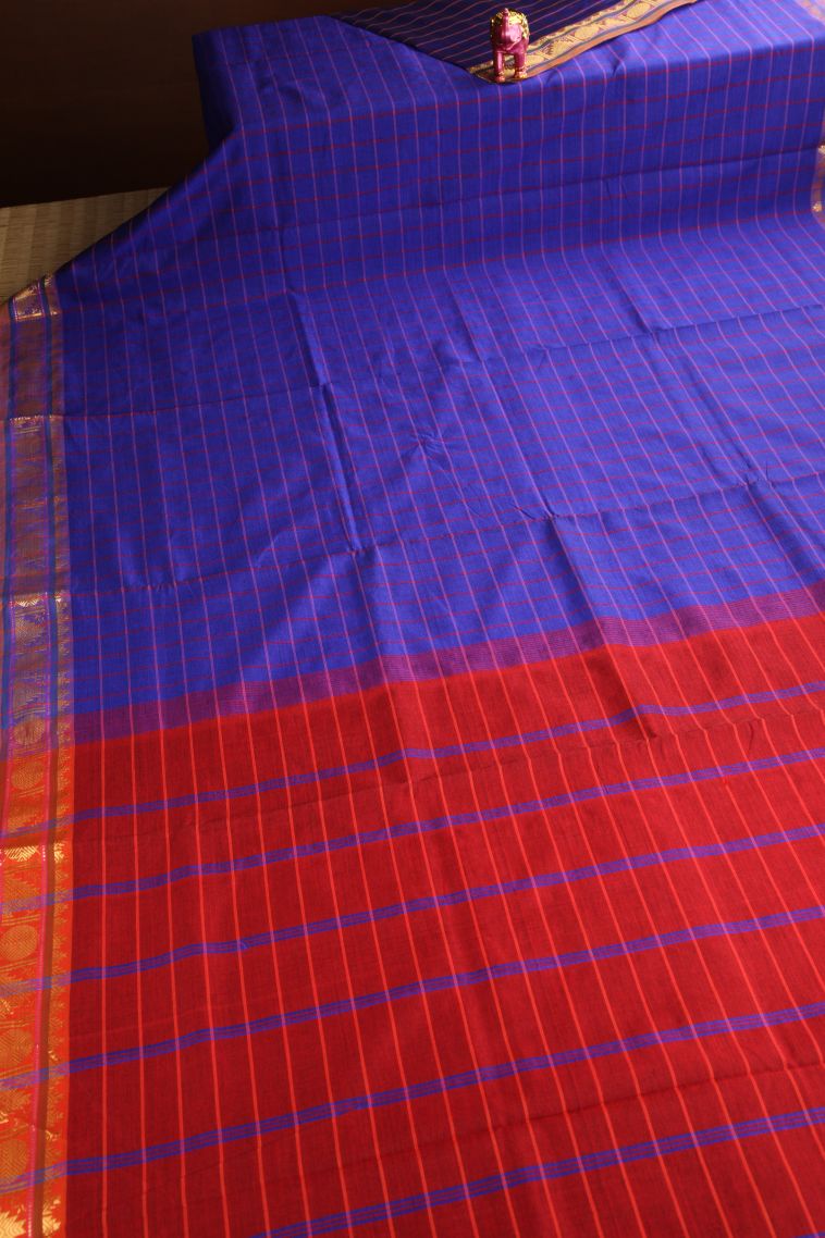 Cobalt Blue Poly Cotton Sarees Gold Zari with Checks view 2