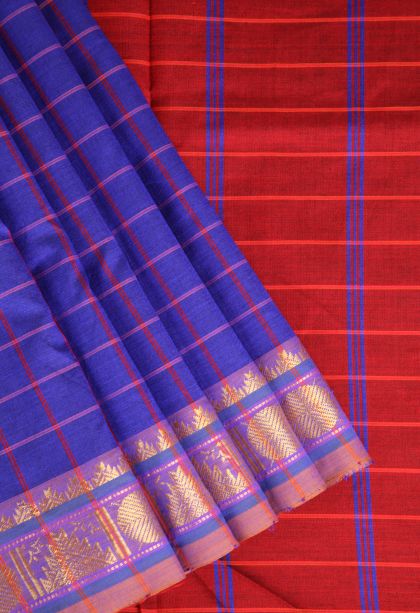 Cobalt Blue Poly Cotton Sarees Gold Zari with Checks
