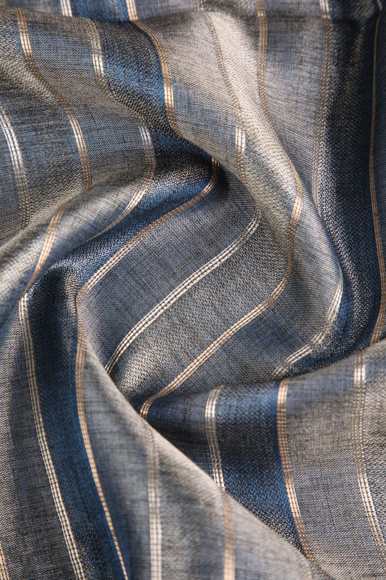 Charcoal Black Semi Tussar Silk Gold And Silver Zari with Zari Stripes view 4