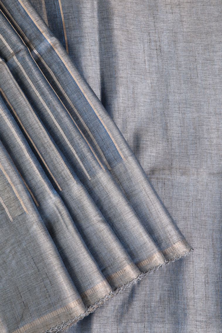 Charcoal Black Semi Tussar Silk Gold And Silver Zari with Zari Stripes view 1