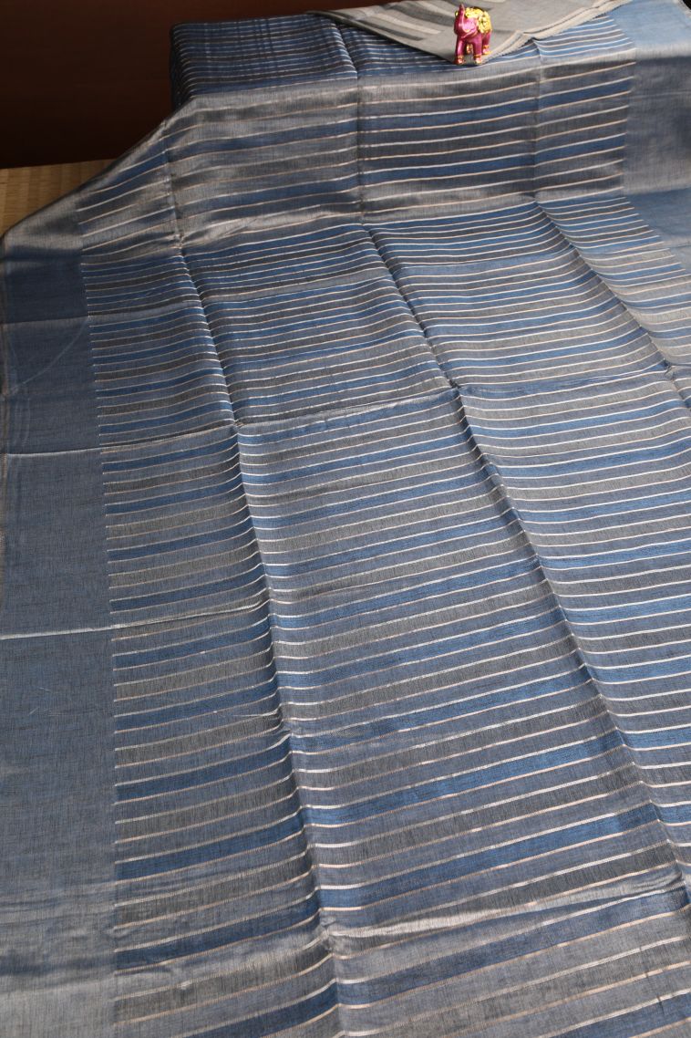 Charcoal Black Semi Tussar Silk Gold And Silver Zari with Zari Stripes view 2