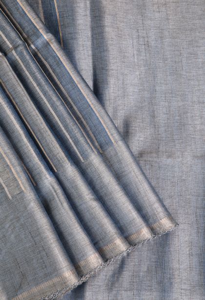 Charcoal Black Semi Tussar Silk Gold And Silver Zari with Zari Stripes