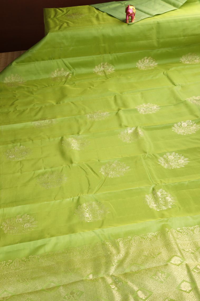 Lime Green Soft Silk Saree Gold Zari with Floral Patterns view 2