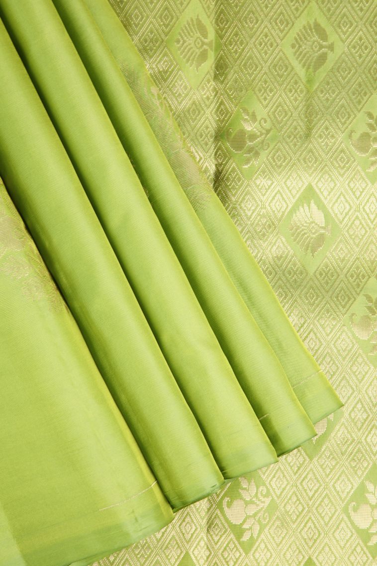 Lime Green Soft Silk Saree Gold Zari with Floral Patterns