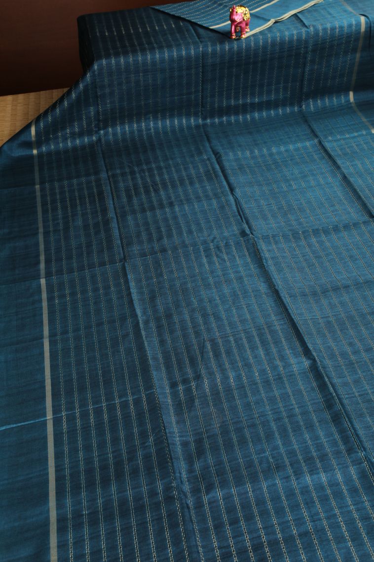 Aegean Blue Semi Tussar Silk Gold Zari with Stripes view 2