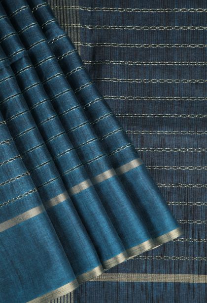Aegean Blue Semi Tussar Silk Gold Zari with Stripes