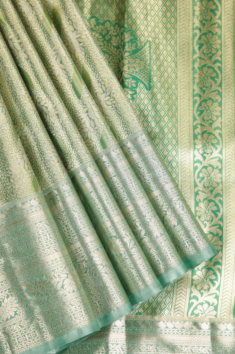 Olive Green Apoorva Silk Sarees with Gold And Silver Zari Leaf Pattern view 1