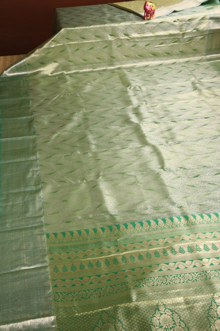Olive Green Apoorva Silk Sarees with Gold And Silver Zari Leaf Pattern view 2