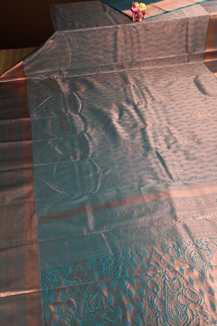 Ocean Blue Apoorva Silk Sarees Copper Zari with Floral Patterns view 2