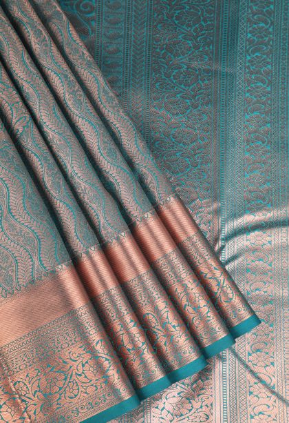 Ocean Blue Apoorva Silk Sarees Copper Zari with Floral Patterns