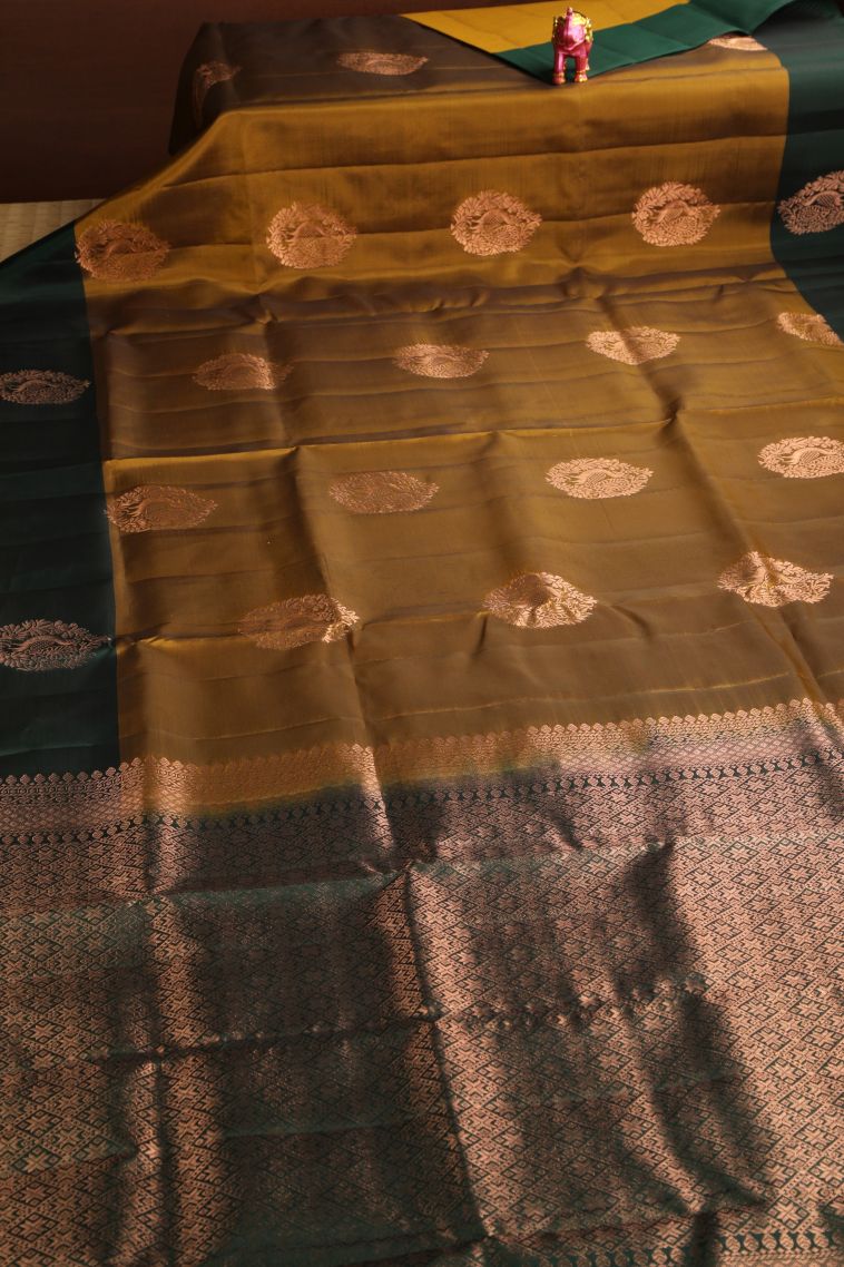 Rich Gold Soft Silk Saree with Copper Zari Peacock Motifs view 2