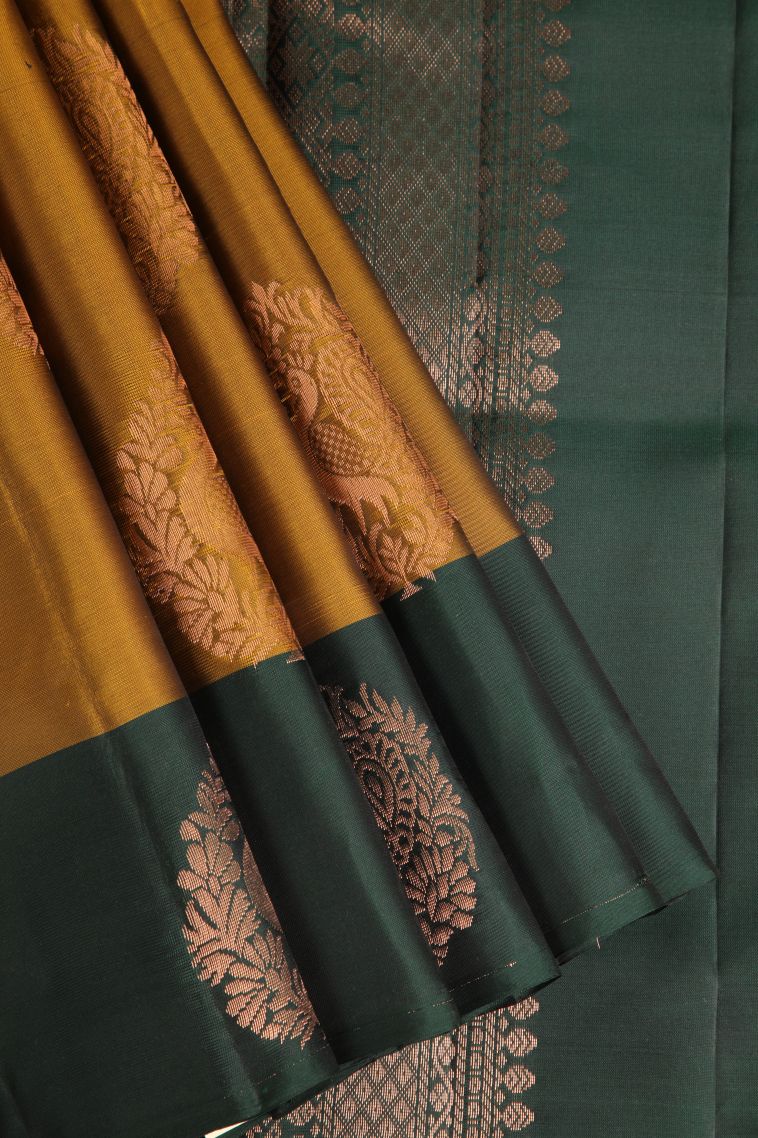 Rich Gold Soft Silk Saree with Copper Zari Peacock Motifs view 1