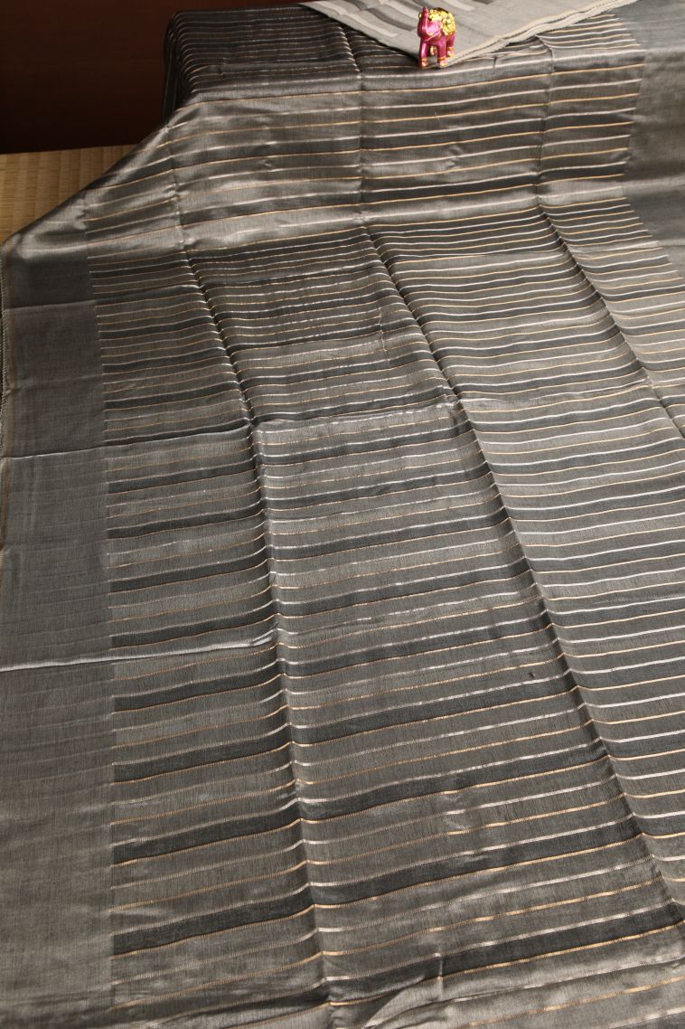 Gray Black Semi Tussar Silk Gold And Silver Zari with Zari Stripes view 2