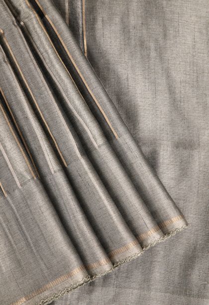 Gray Black Semi Tussar Silk Gold And Silver Zari with Zari Stripes