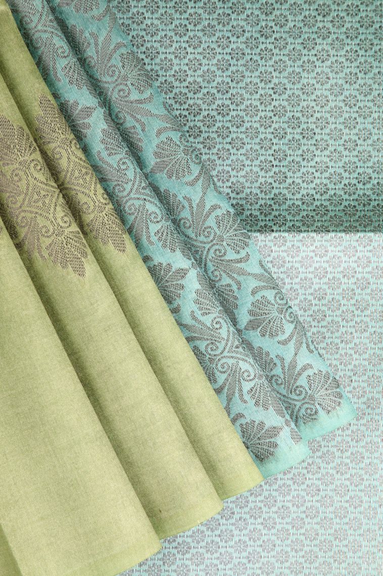 Mint Green Semi Tussar Silk with Antic Zari Floral Patterns