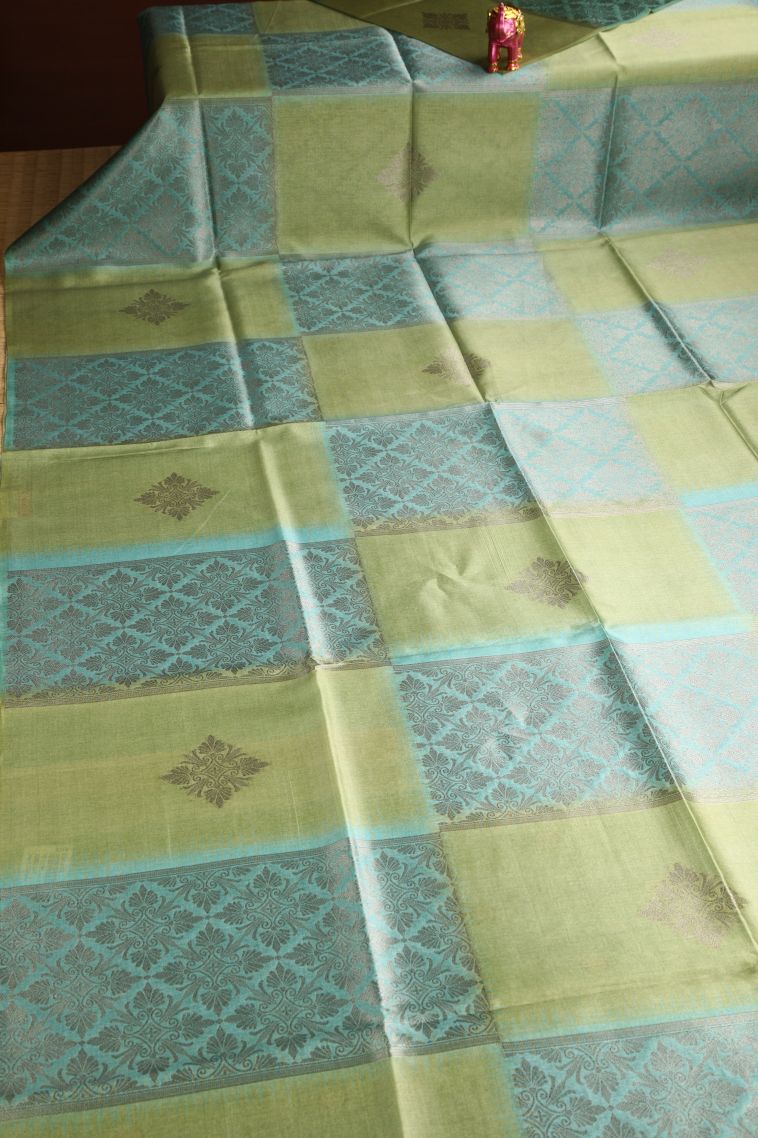 Mint Green Semi Tussar Silk with Antic Zari Floral Patterns view 2