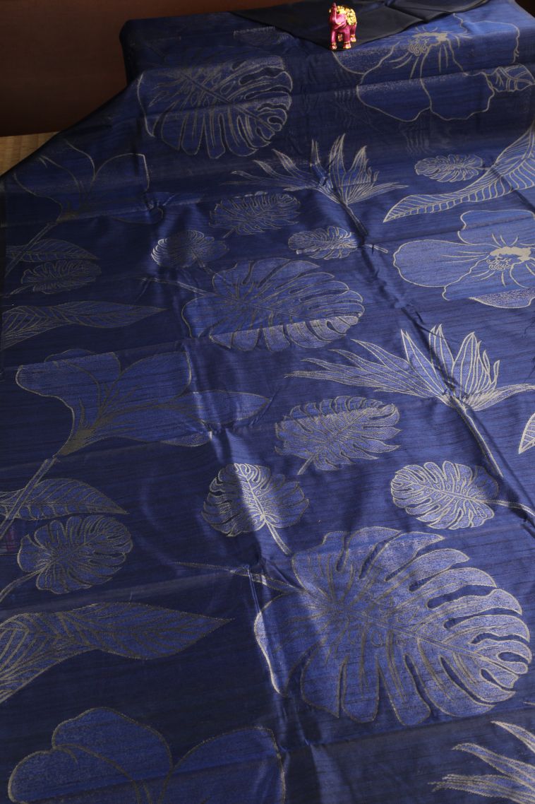 Admiral Blue Jute Sarees with Silver Zari Floral Patterns view 2