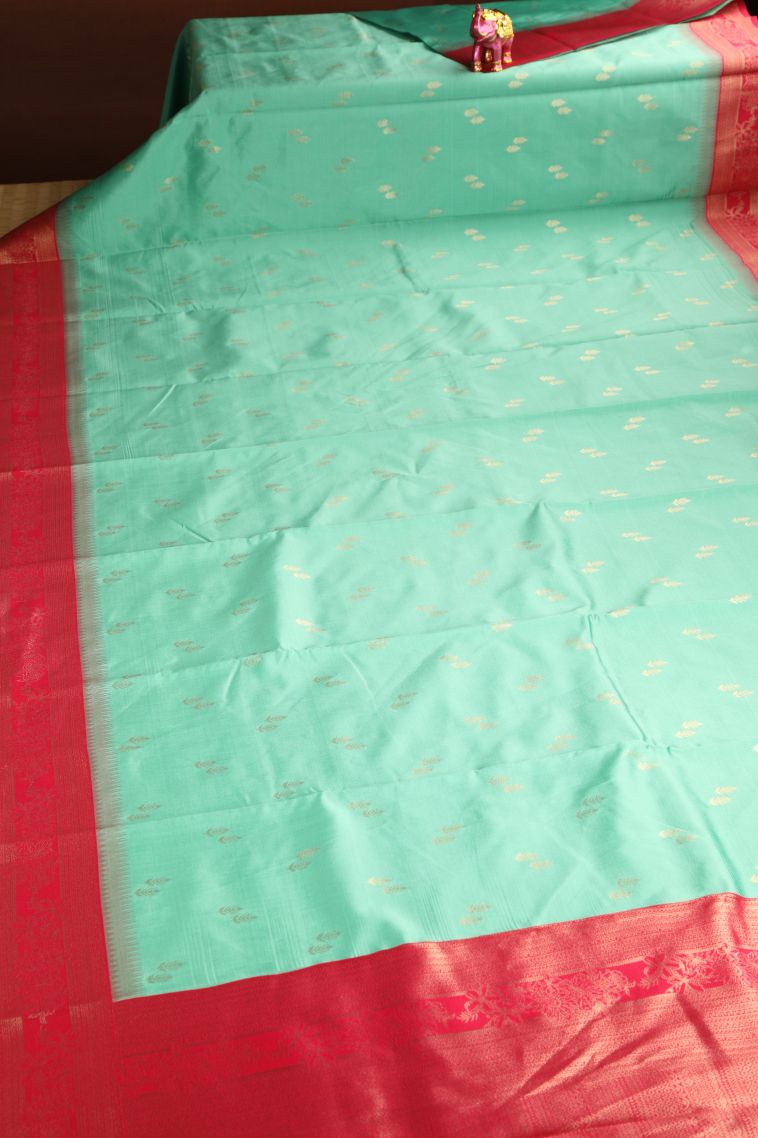 Mint Green Raw Silk Sarees with Gold Zari Leaf Pattern view 2