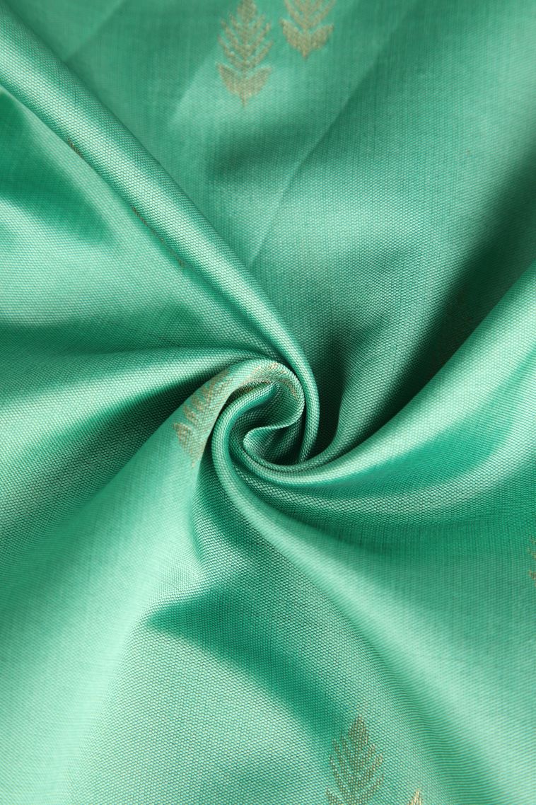 Mint Green Raw Silk Sarees with Gold Zari Leaf Pattern view 4