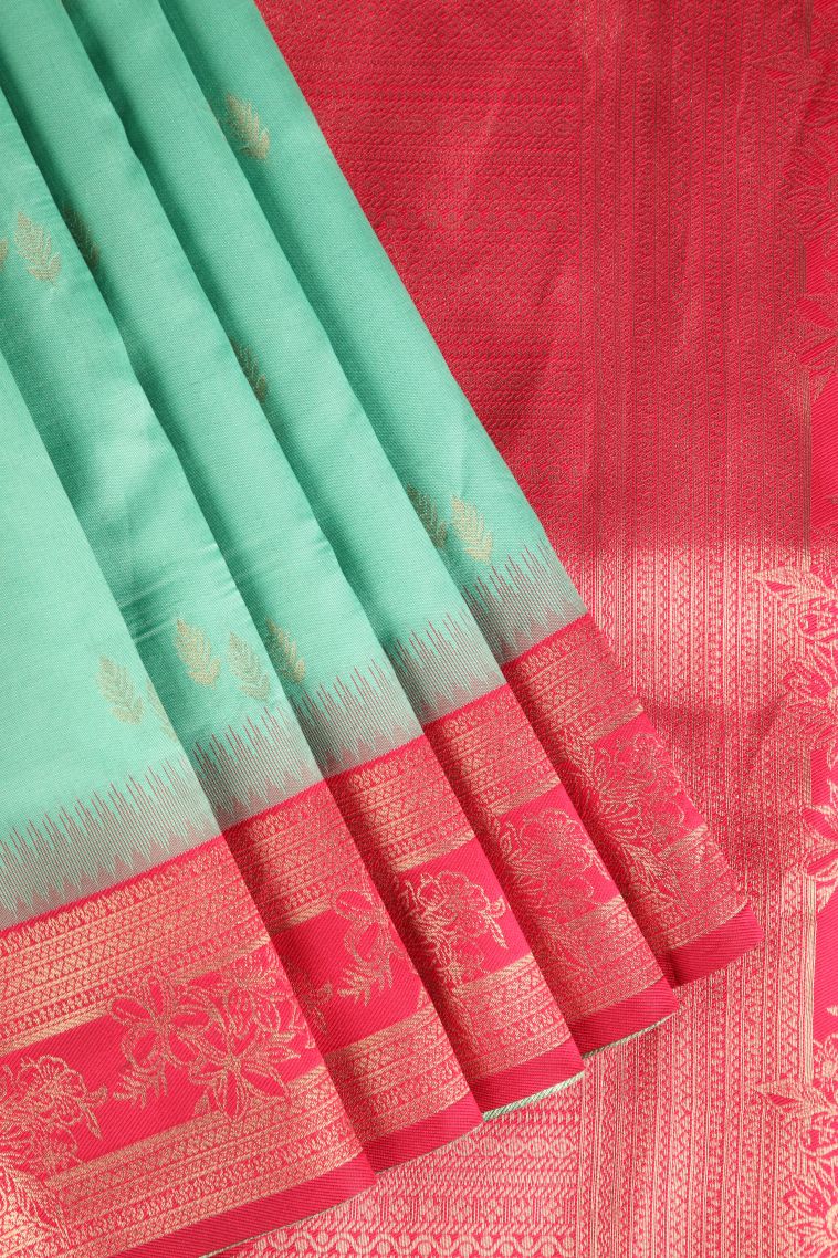 Mint Green Raw Silk Sarees with Gold Zari Leaf Pattern view 1