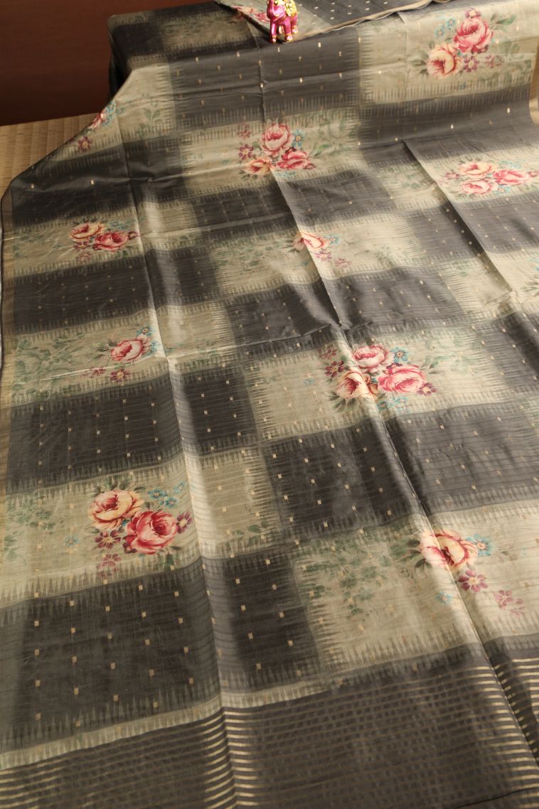 Sage Green Semi Raw Silk Printed Gold Zari with Zari Puttas view 2