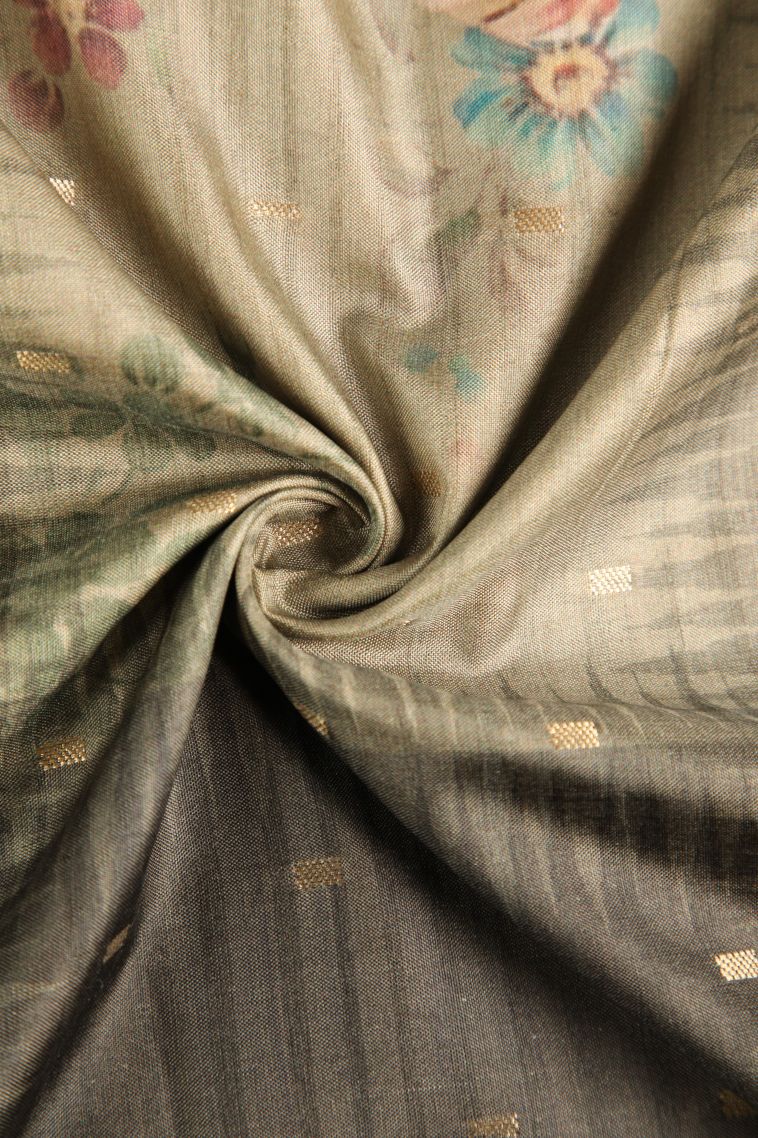 Sage Green Semi Raw Silk Printed Gold Zari with Zari Puttas view 4