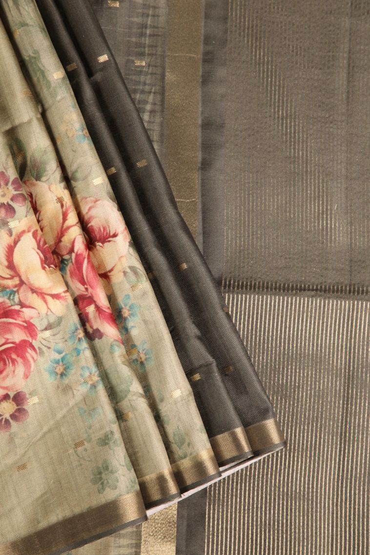 Sage Green Semi Raw Silk Printed Gold Zari with Zari Puttas view 1