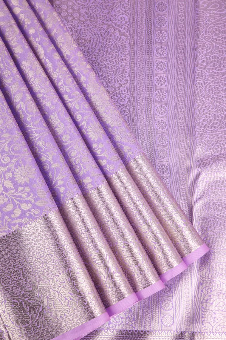 Periwinkle Purple Apoorva Silk Sarees Silver Zari with Floral Patterns view 1