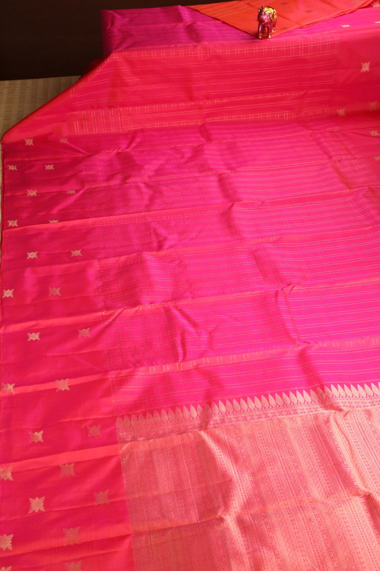 Strawberry Pink Soft Silk Saree with Gold Zari Checks view 2