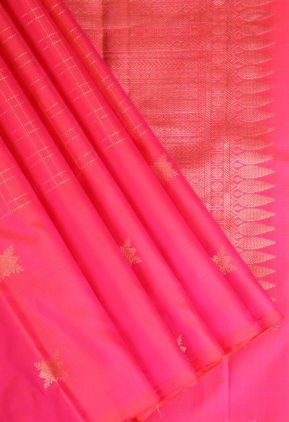 Strawberry Pink Soft Silk Saree with Gold Zari Checks