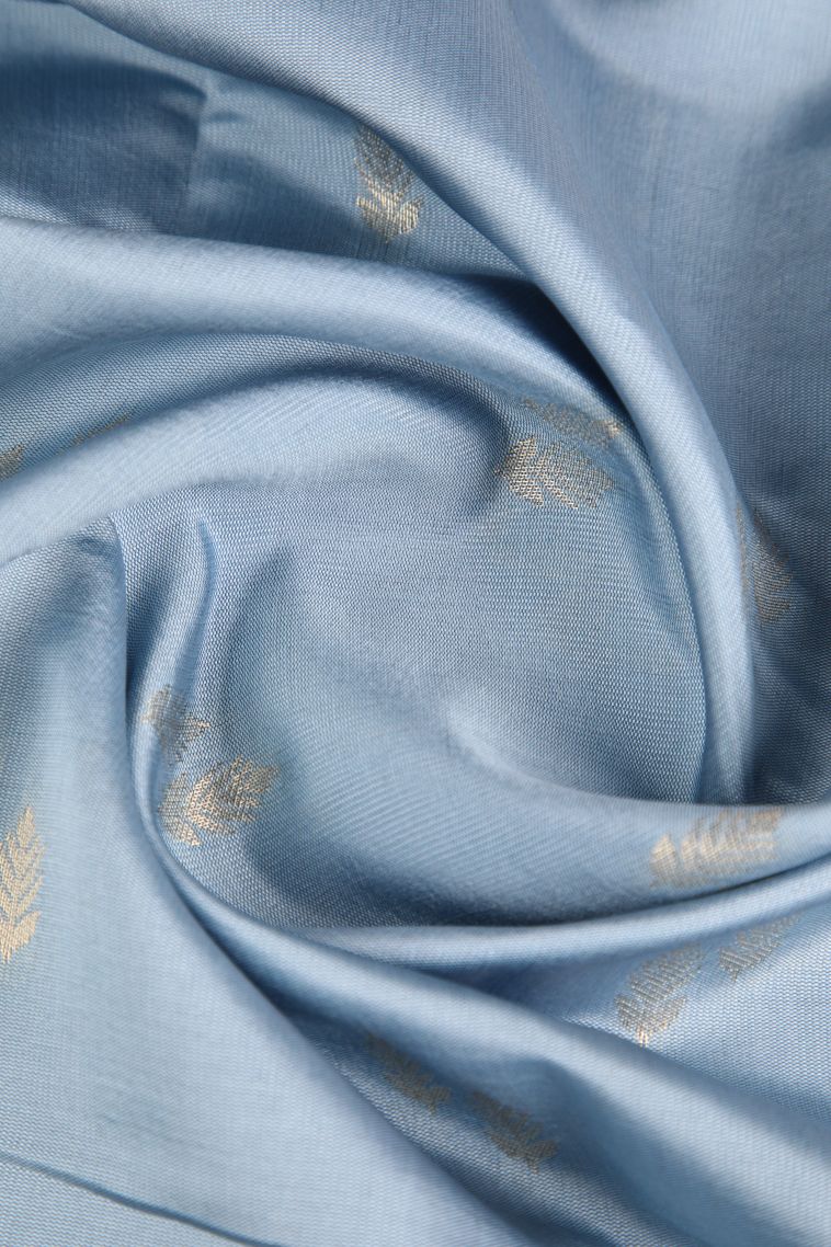 Stone Blue Raw Silk Sarees with Gold Zari Leaf Pattern view 4