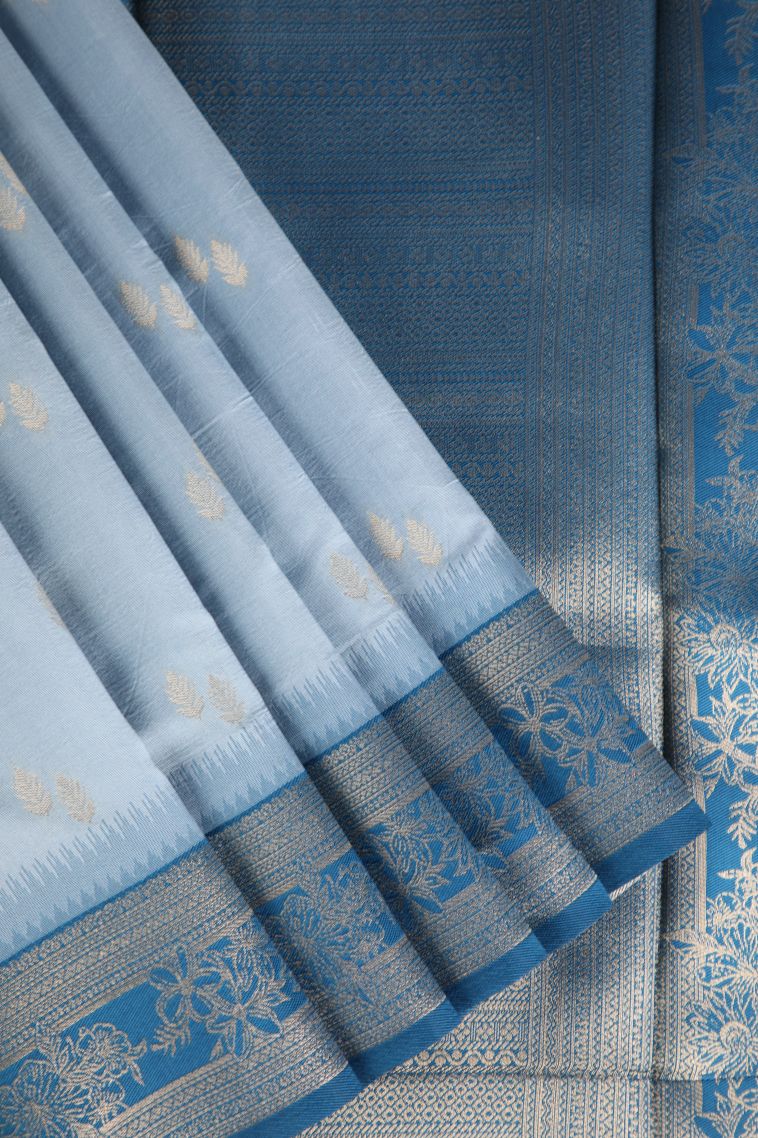 Stone Blue Raw Silk Sarees with Gold Zari Leaf Pattern view 1