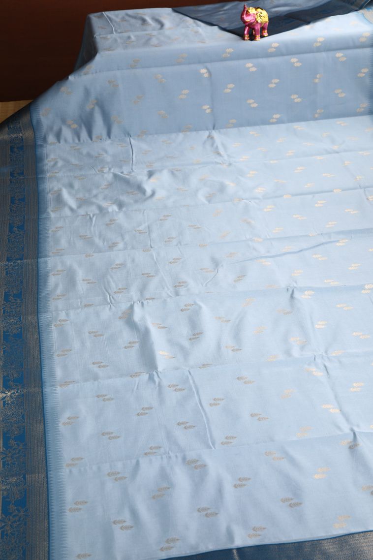 Stone Blue Raw Silk Sarees with Gold Zari Leaf Pattern view 2
