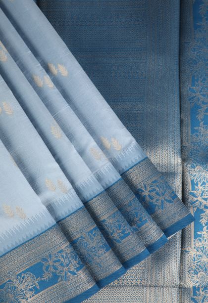 Stone Blue Raw Silk Sarees with Gold Zari Leaf Pattern