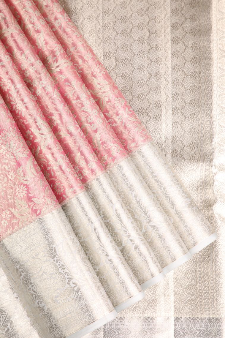 Salmon Pink Kanchipuram Silk Sarees with Silver Zari Floral Patterns view 1