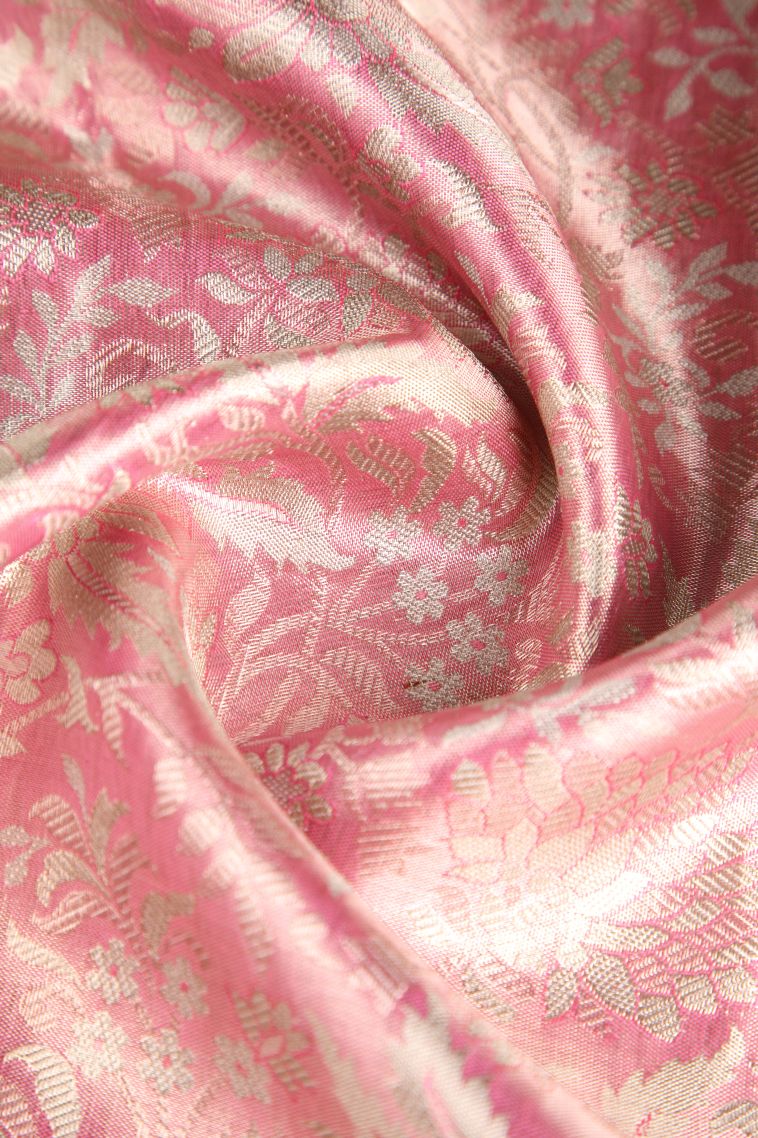 Salmon Pink Kanchipuram Silk Sarees with Silver Zari Floral Patterns view 4